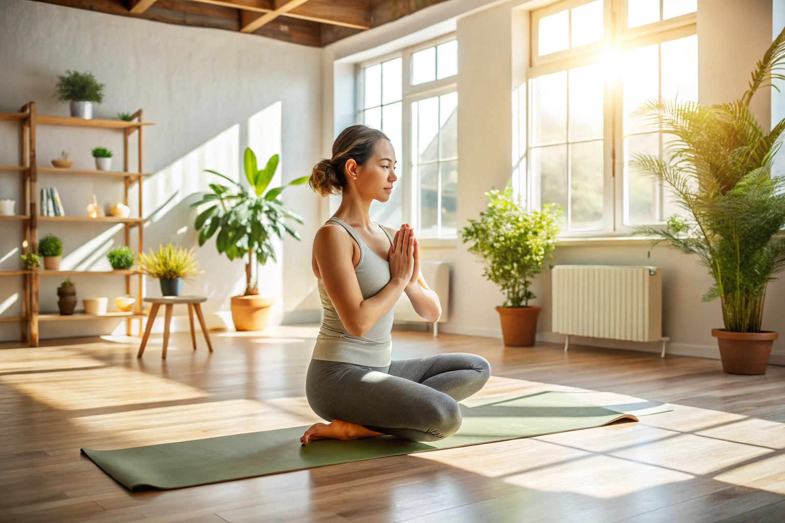 Una persona realizando una postura de yoga suave en un estudio con luz natural, rodeada de esterillas y decoración minimalista, transmitiendo paz y concentración