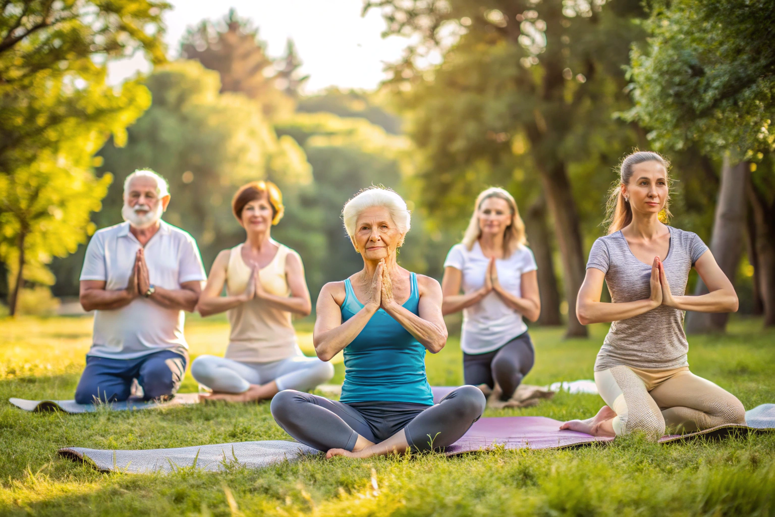 Un grupo de personas de diferentes edades y orígenes realizando posturas de yoga en un entorno natural, con colores suaves y una atmósfera pacífica, sin marcas ni texto visible