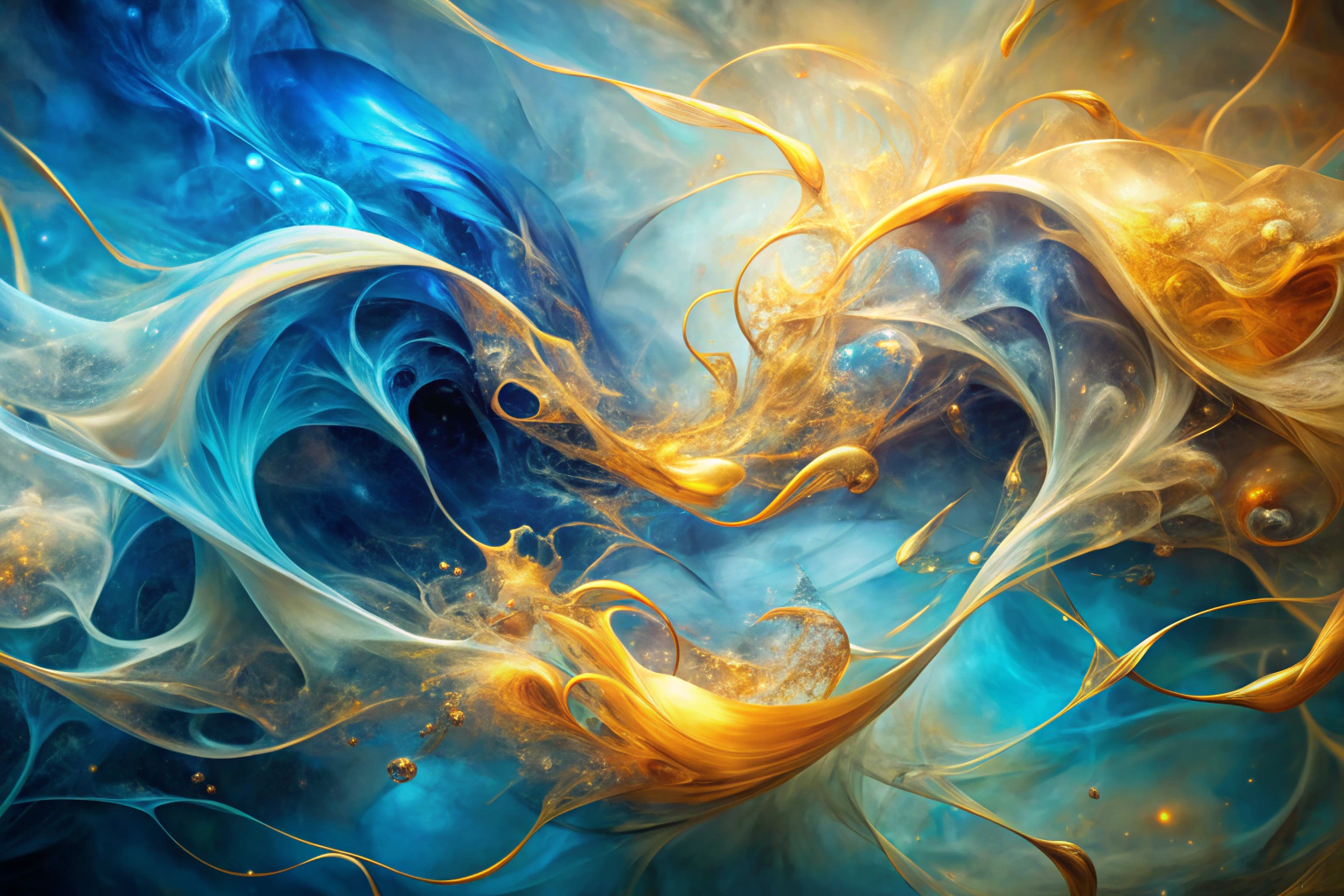 Una imagen abstracta que evoca comunicación y cercanía, con formas fluidas en tonos azules y dorados que se entrelazan suavemente, sin elementos de texto o marcas