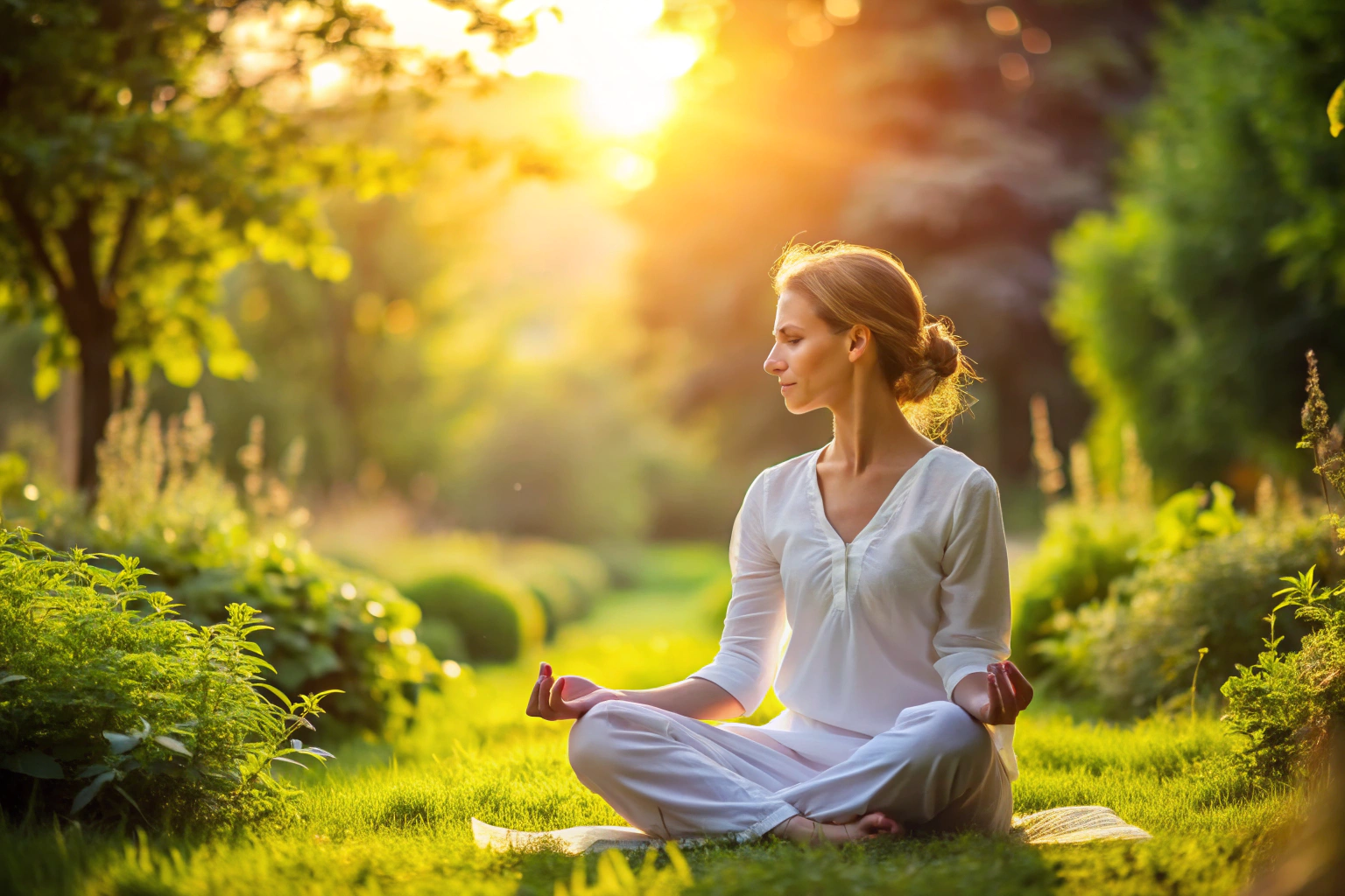 Una persona sentada en postura de loto en un jardín tranquilo al atardecer, con las manos en mudra de meditación y expresión serena, rodeada de naturaleza verde y luz suave